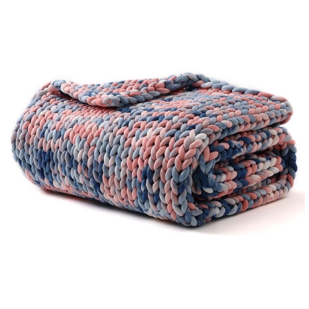YNM 10lb Weighted Chunky Hand Knitted Blue Pink Tie Dye Throw Blanket 50"x60"